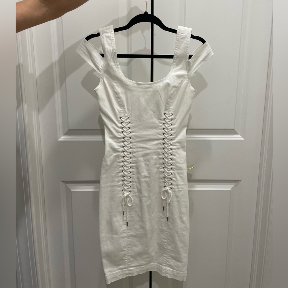 White tie mini dress denim material